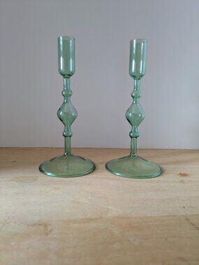 Poketo Glass Candlesticks Light Green Set of 2 New In Box
